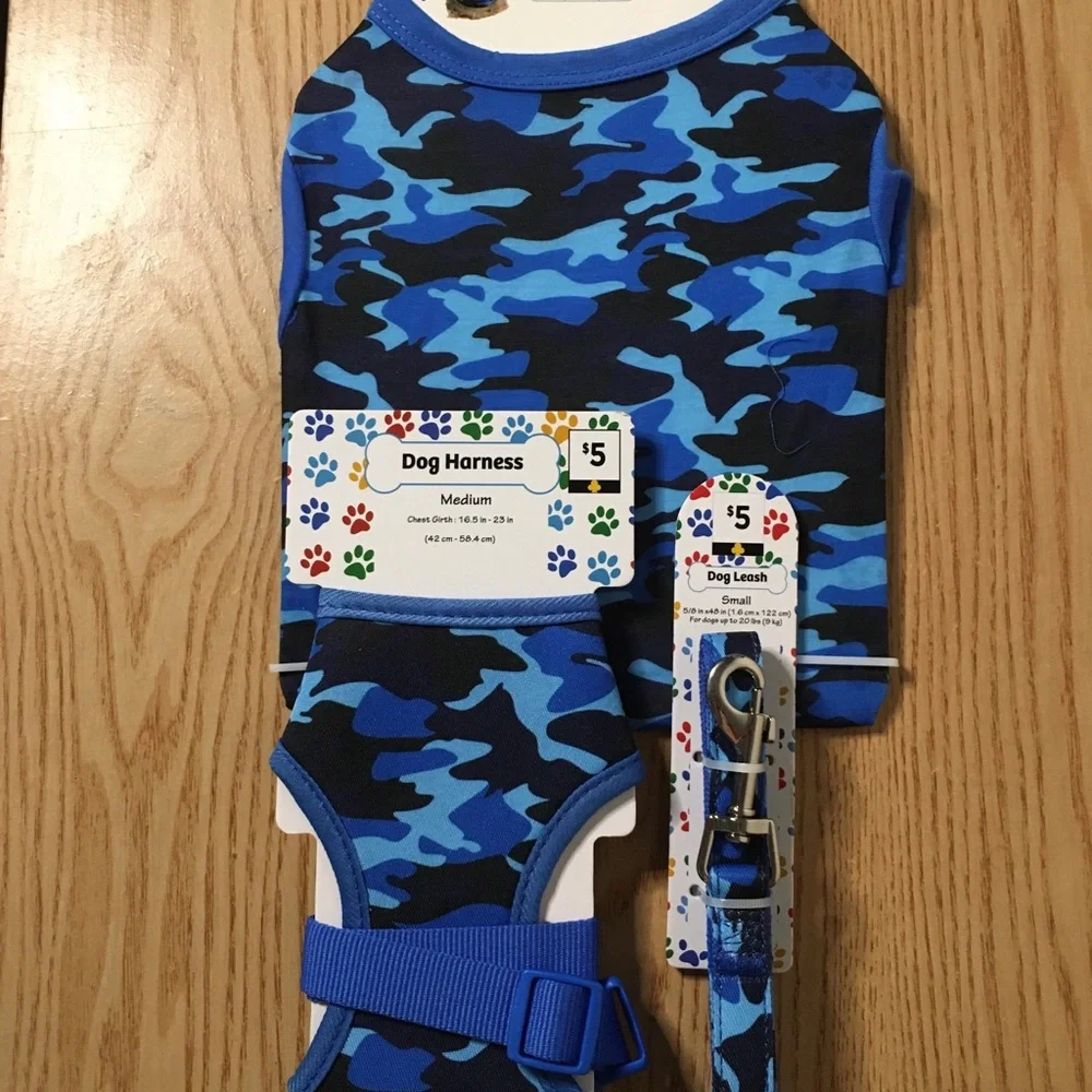 New Bundle of 3 Doggie Camo Harness 16.5”-23” Leash 48” Long & T-shirt 12”x16”